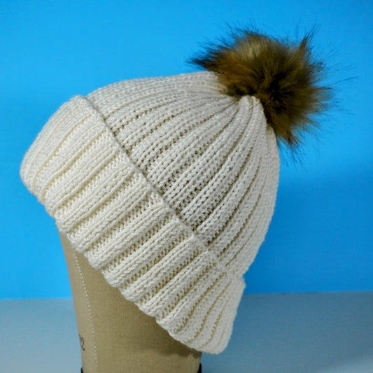 Merino Wool Blend Beanie Hat (White)