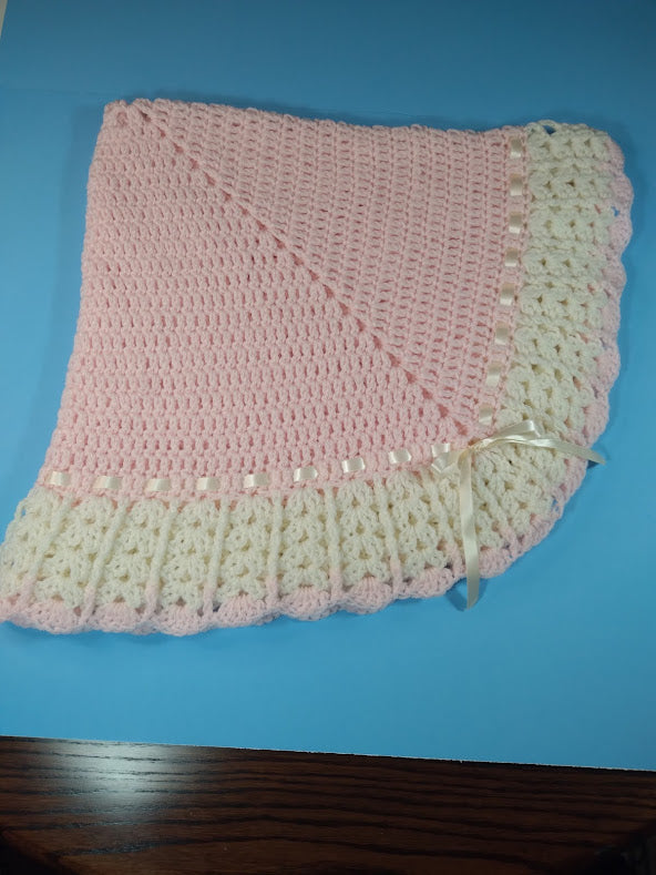 NEW Handmade Crochet Baby Blanket Afghan girl (blossom pink and ivory)