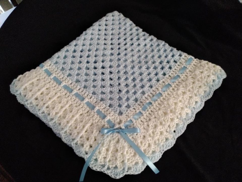 Handmade-Crochet Blue & White Square Baby Blanket Afghan