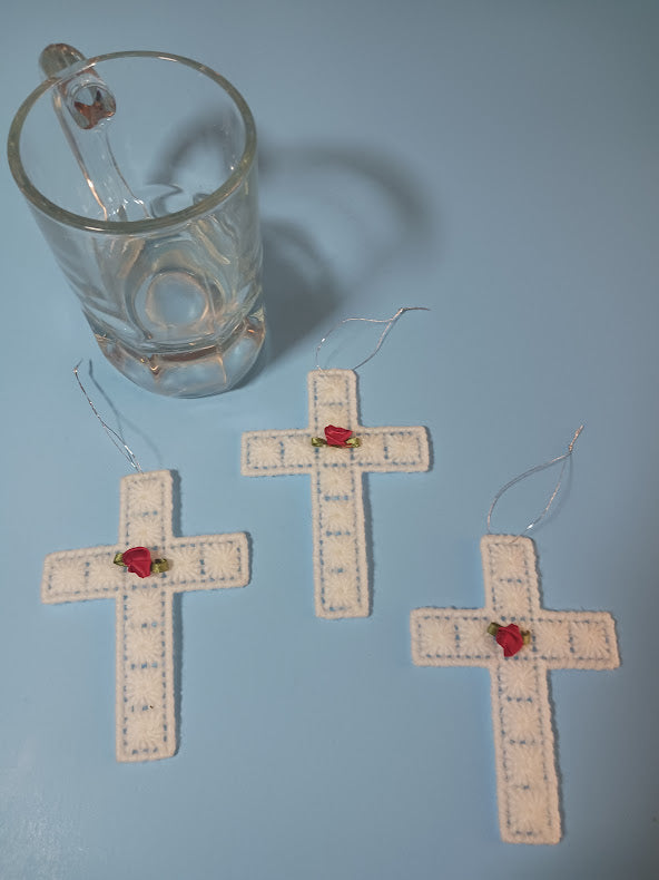 Plastic Canvas Christmas ornament or bookmark Cross with Rose Lot of 3