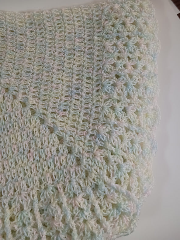 NEW Handmade Crochet Baby Blanket Primary color is Yellow with Green Blue & Pink