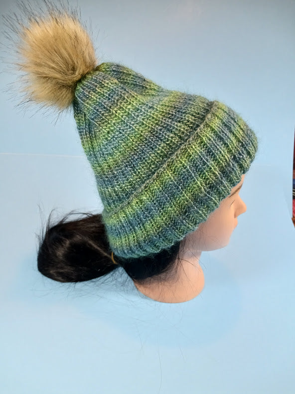 Handmade Knitted Winter Hat with Cute Faux Fur POMPOM