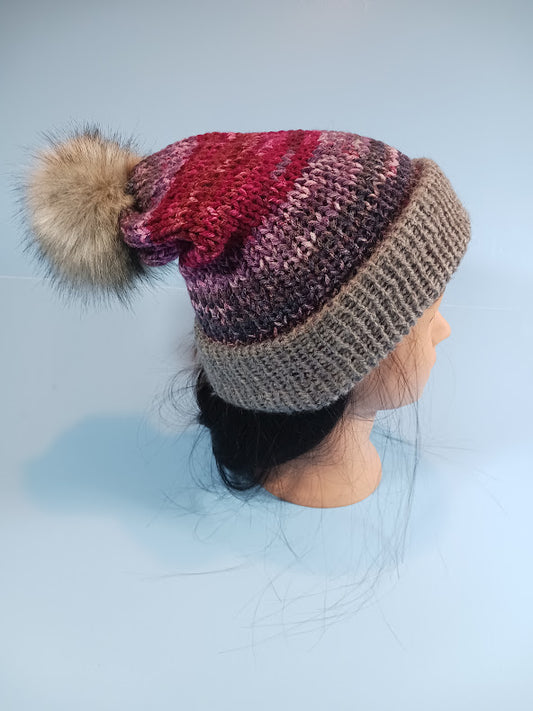 Handmade Knitted Winter Hat with Cute Faux Fur POMPOM
