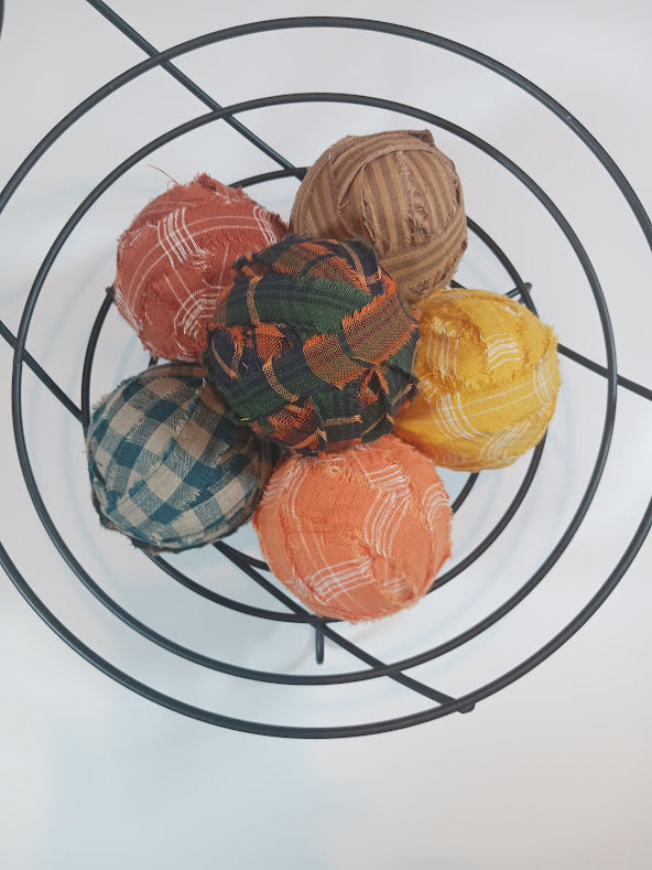 Handmade Fall Colors, 3-inch Farmhouse Rag Ball Bowl Basket Fillers (lot of 6)